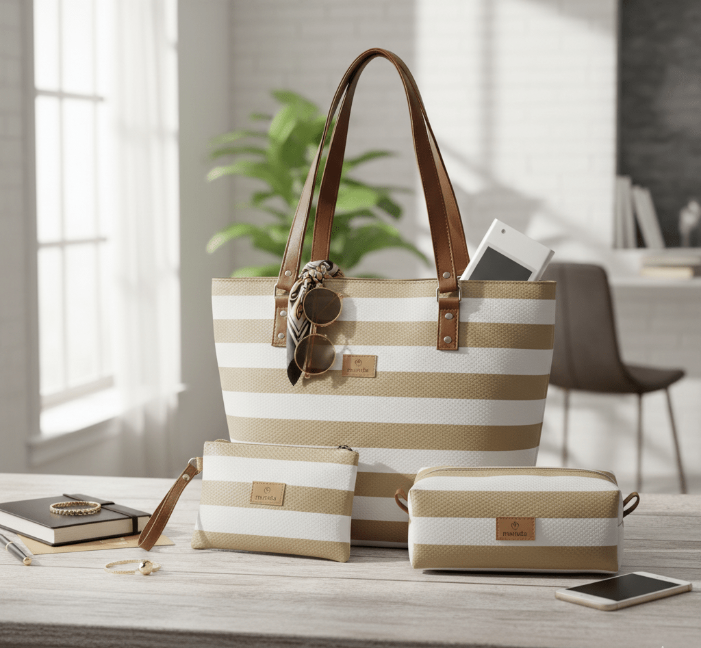 Kit Bolsa Sacola Listra Nude 3 Peças