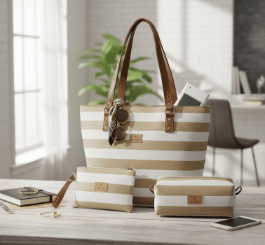 Kit Bolsa Sacola Listra Nude 3 Peças Kit Bolsa Sacola Listra Nude 3 Peças