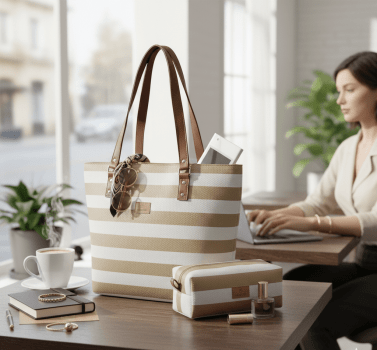 Kit Bolsa Sacola Listra Nude 3 Peças Kit Bolsa Sacola Listra Nude 3 Peças